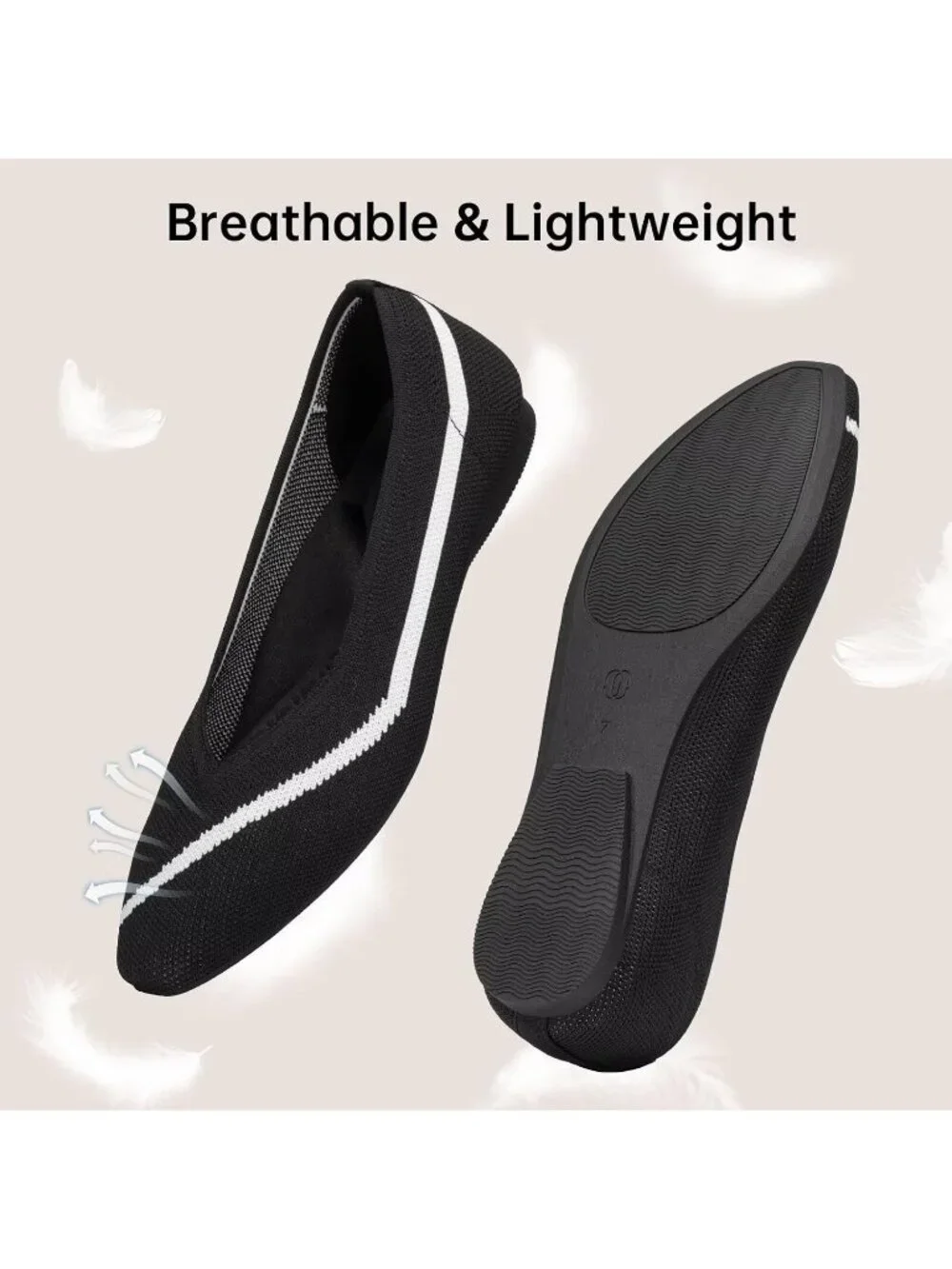 Frank Mully Women's Black Rubber Knitted Square Toe Comfortable Slip On Flats